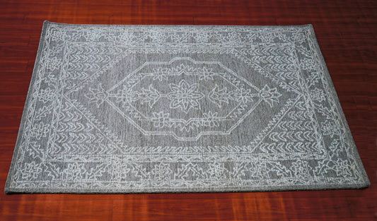 Grey Aqua Vintage Distressed Medallion Hand Tufted Wool Area Rug - Cut Pile Shabby Chic Custom Sizes