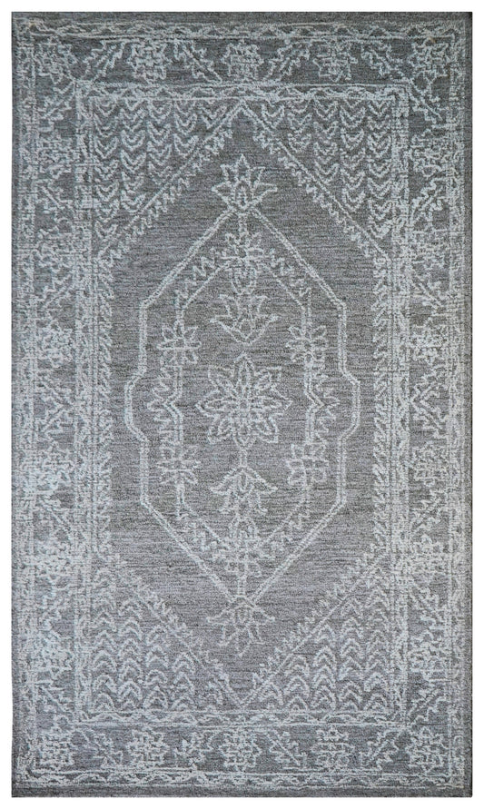 Grey Aqua Vintage Distressed Medallion Hand Tufted Wool Area Rug - Cut Pile Shabby Chic Custom Sizes