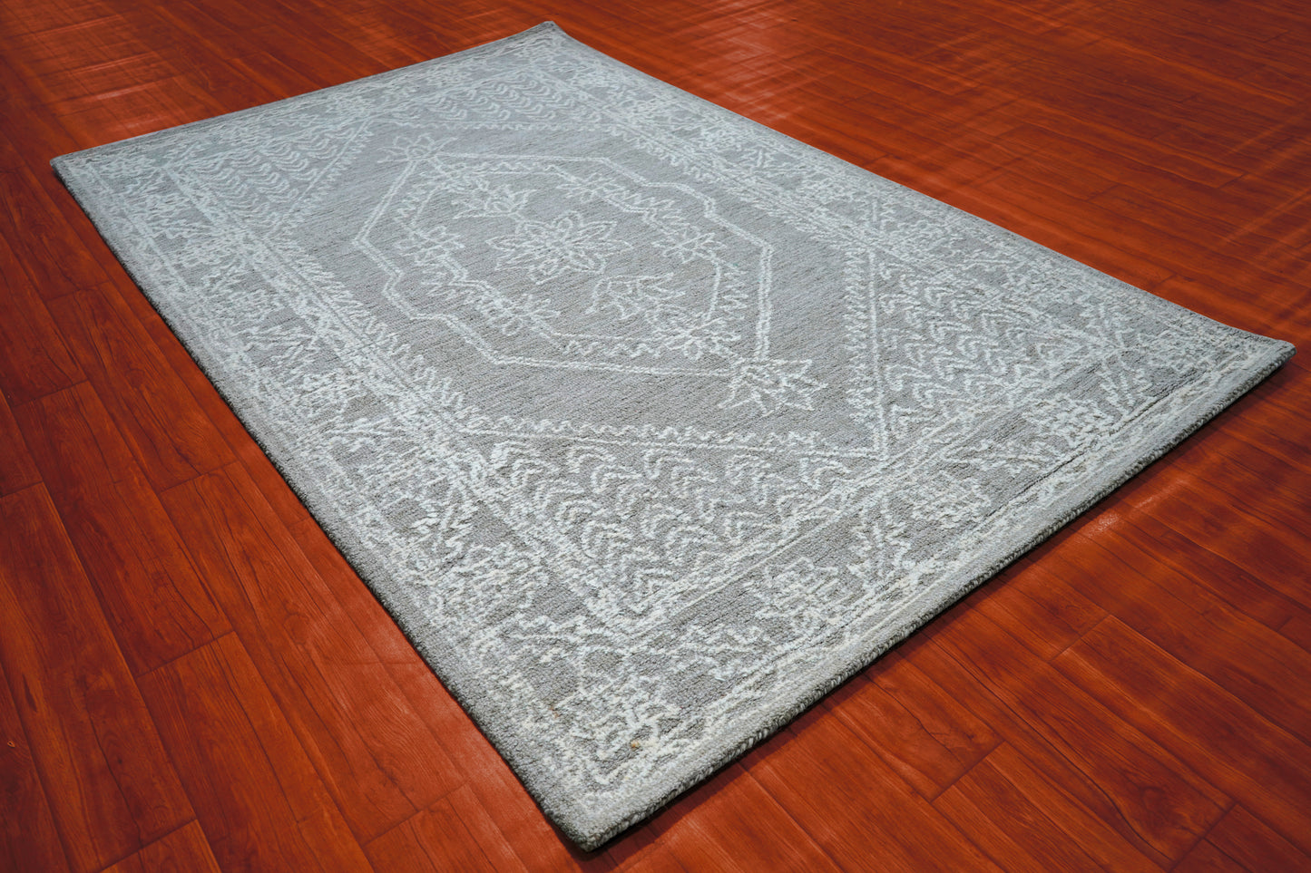 Grey Aqua Vintage Distressed Medallion Hand Tufted Wool Area Rug - Cut Pile Shabby Chic Custom Sizes