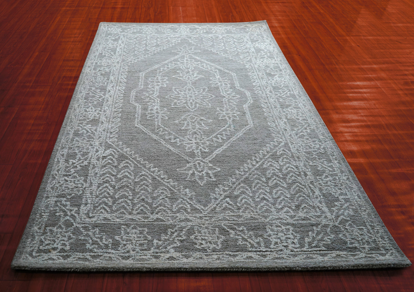 Grey Aqua Vintage Distressed Medallion Hand Tufted Wool Area Rug - Cut Pile Shabby Chic Custom Sizes
