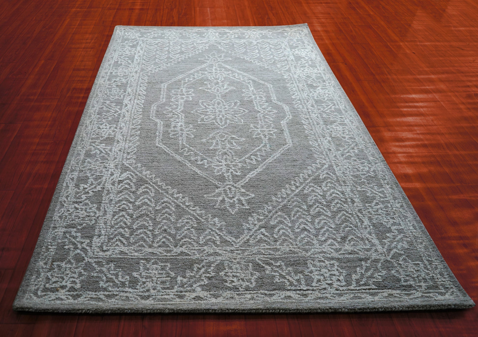 Grey Aqua Vintage Distressed Medallion Hand Tufted Wool Area Rug - Cut Pile Shabby Chic Custom Sizes