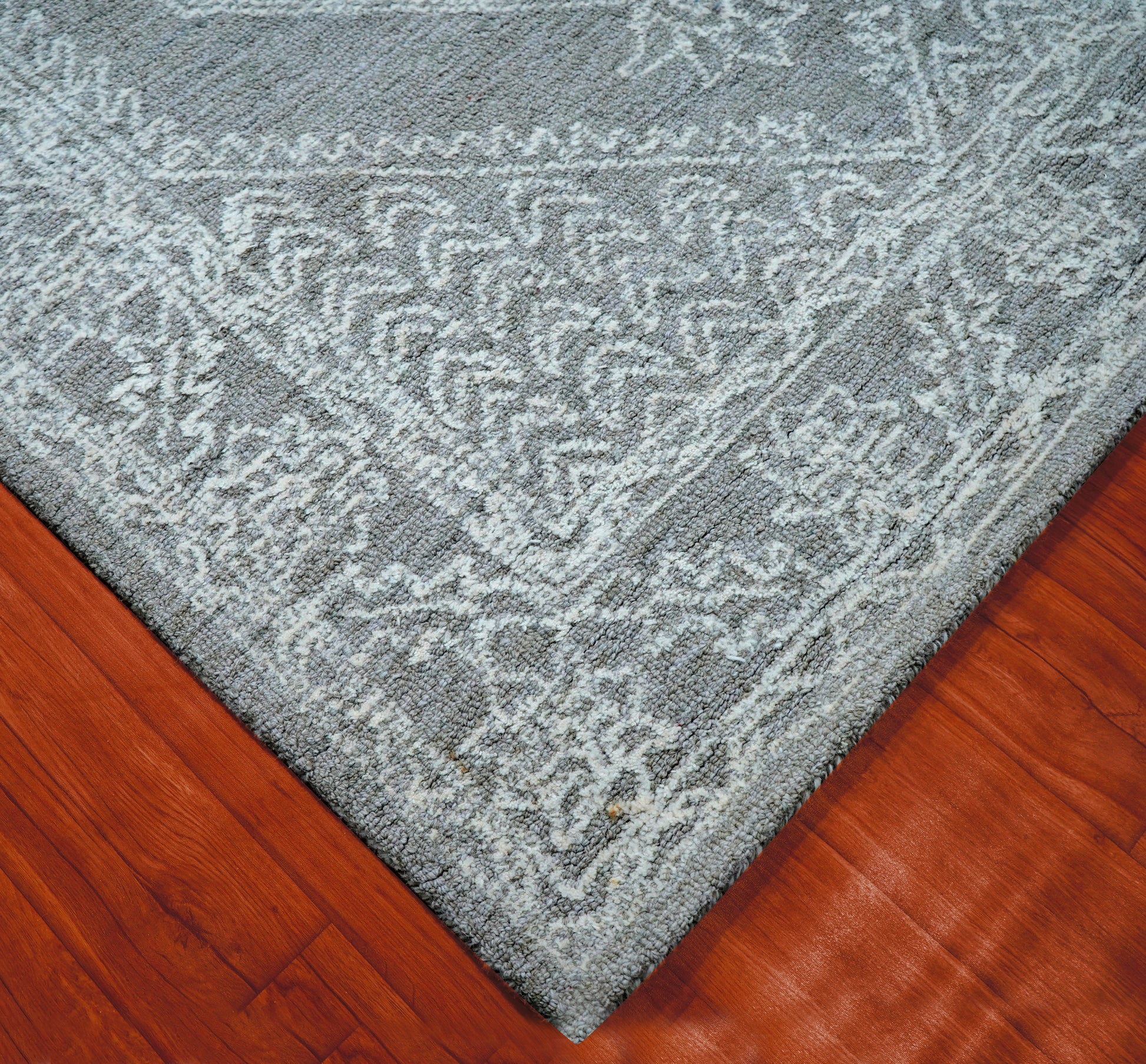 Grey Aqua Vintage Distressed Medallion Hand Tufted Wool Area Rug - Cut Pile Shabby Chic Custom Sizes
