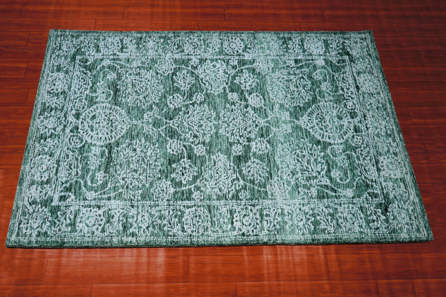 Green Teal Vintage Distressed Medallion Border Hand Tufted Wool Area Rug - Cut Pile Traditional Custom Sizes