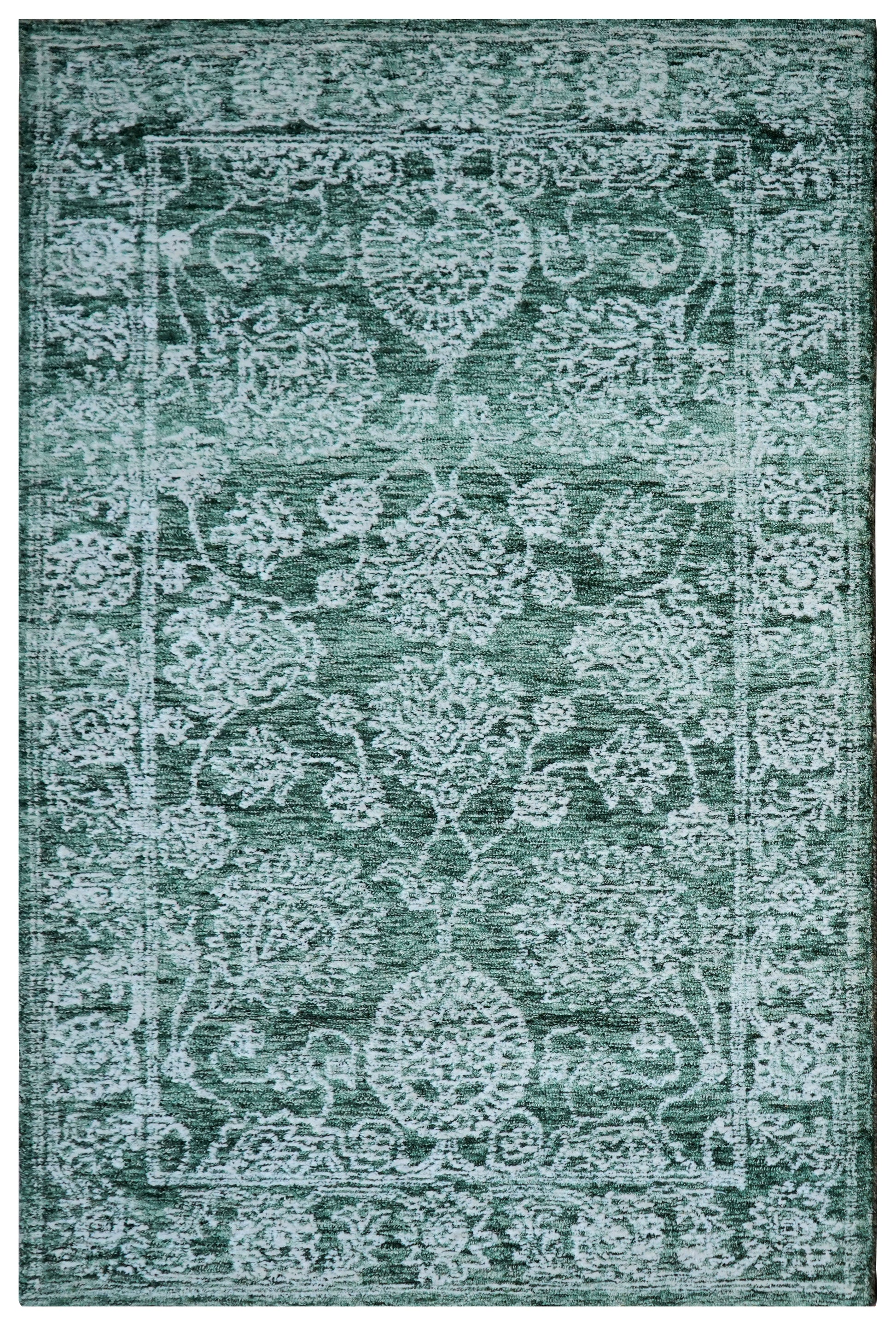 Green Teal Vintage Distressed Medallion Border Hand Tufted Wool Area Rug - Cut Pile Traditional Custom Sizes