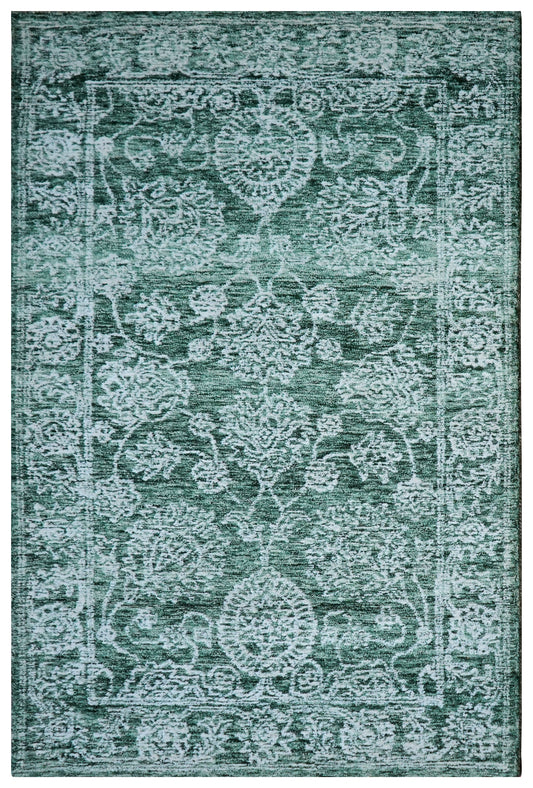 Green Teal Vintage Distressed Medallion Border Hand Tufted Wool Area Rug - Cut Pile Traditional Custom Sizes