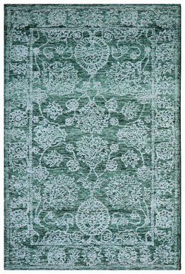 Green Teal Vintage Distressed Medallion Border Hand Tufted Wool Area Rug - Cut Pile Traditional Custom Sizes