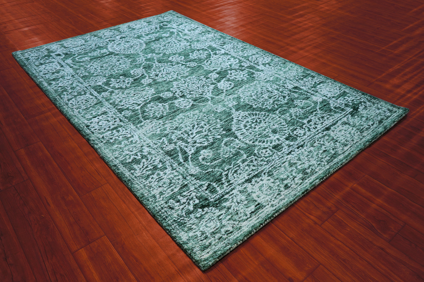 Green Teal Vintage Distressed Medallion Border Hand Tufted Wool Area Rug - Cut Pile Traditional Custom Sizes