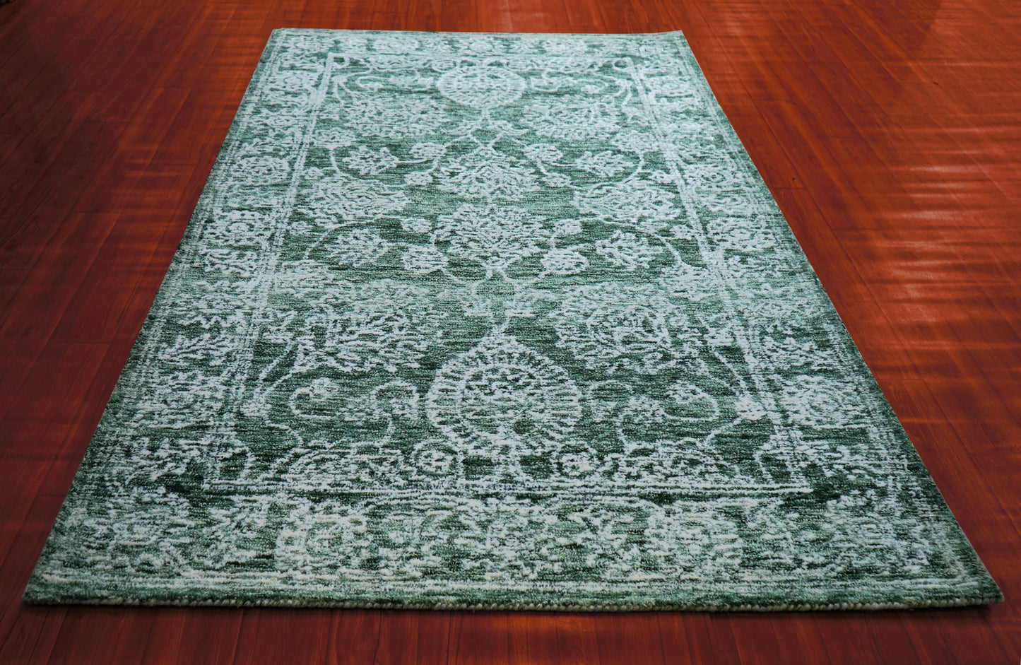 Green Teal Vintage Distressed Medallion Border Hand Tufted Wool Area Rug - Cut Pile Traditional Custom Sizes