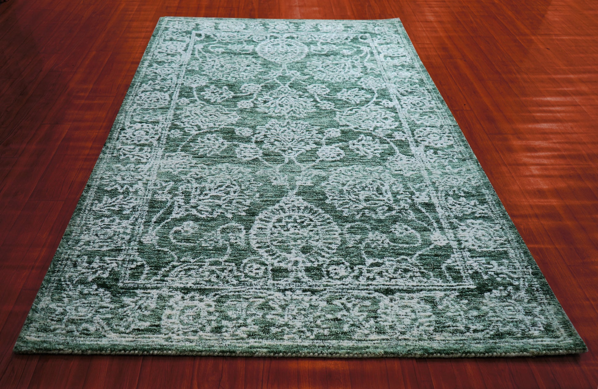 Green Teal Vintage Distressed Medallion Border Hand Tufted Wool Area Rug - Cut Pile Traditional Custom Sizes