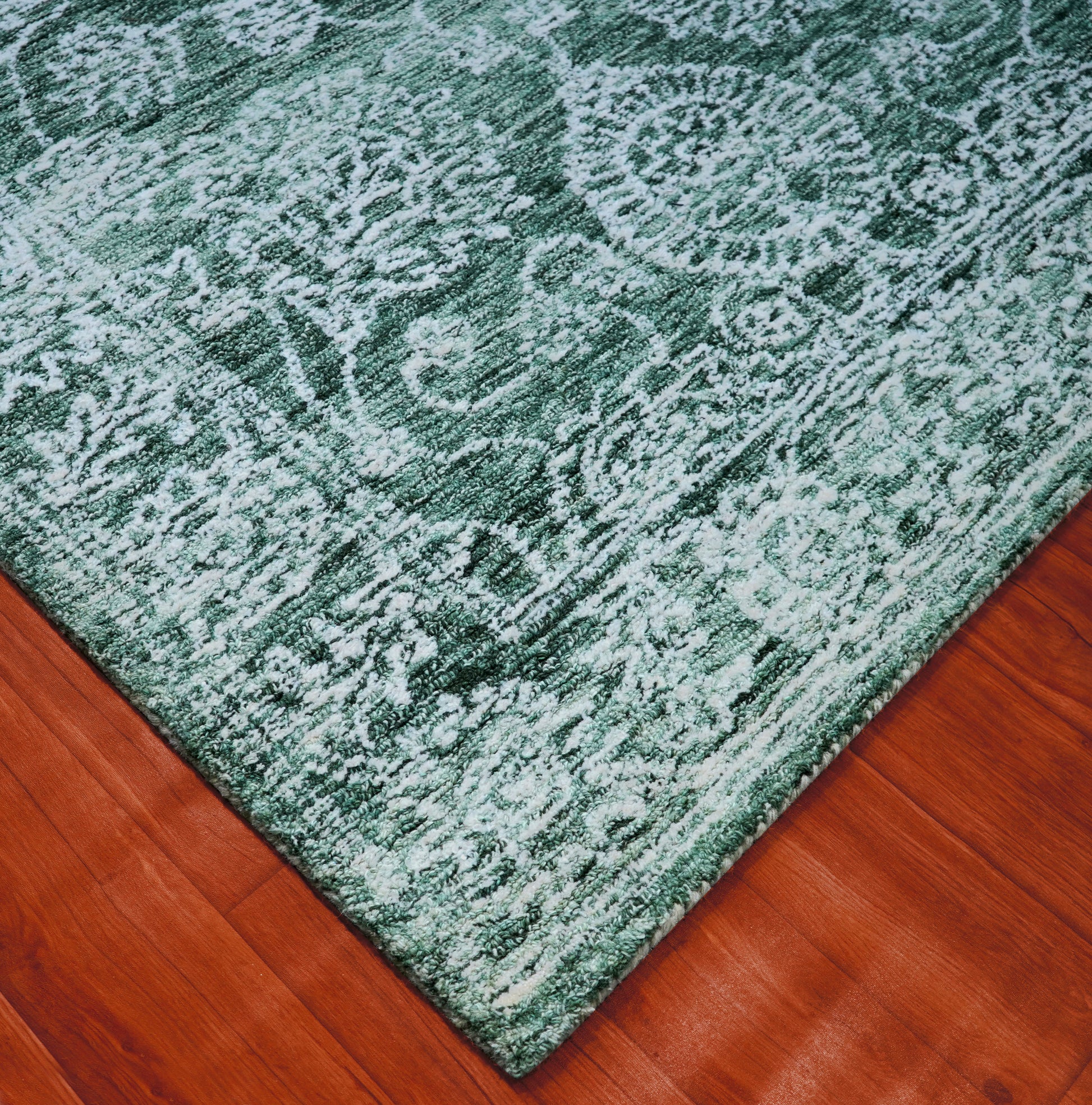 Green Teal Vintage Distressed Medallion Border Hand Tufted Wool Area Rug - Cut Pile Traditional Custom Sizes