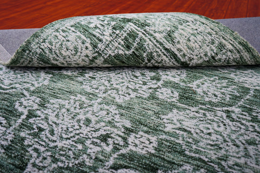 Green Teal Vintage Distressed Medallion Border Hand Tufted Wool Area Rug - Cut Pile Traditional Custom Sizes