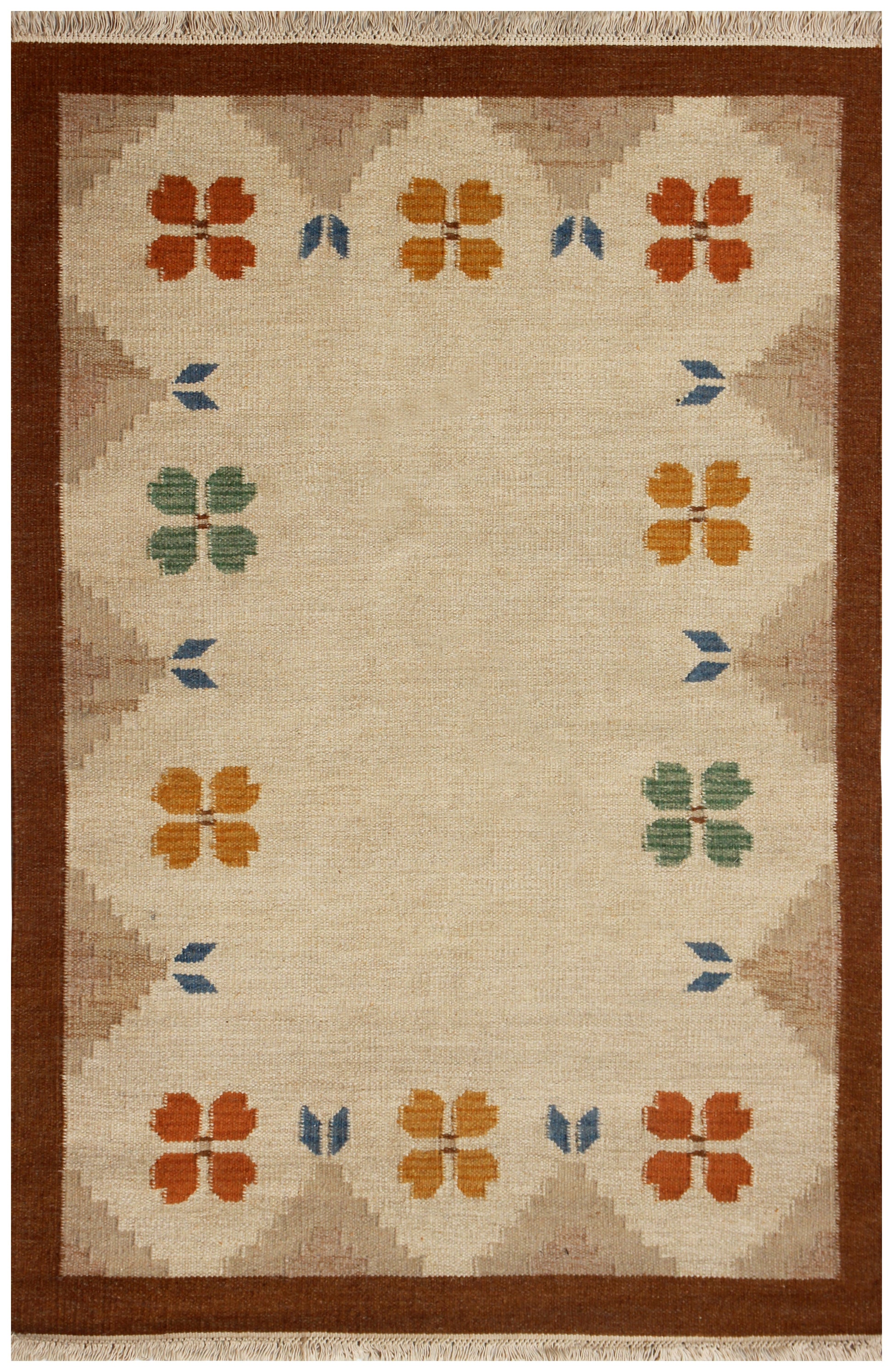4.6x6.6 Handwoven Beige, Tan & Brown Geometrical Floral Flatweave Durry Rug.