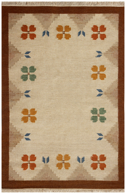 4.6x6.6 Handwoven Beige, Tan & Brown Geometrical Floral Flatweave Durry Rug