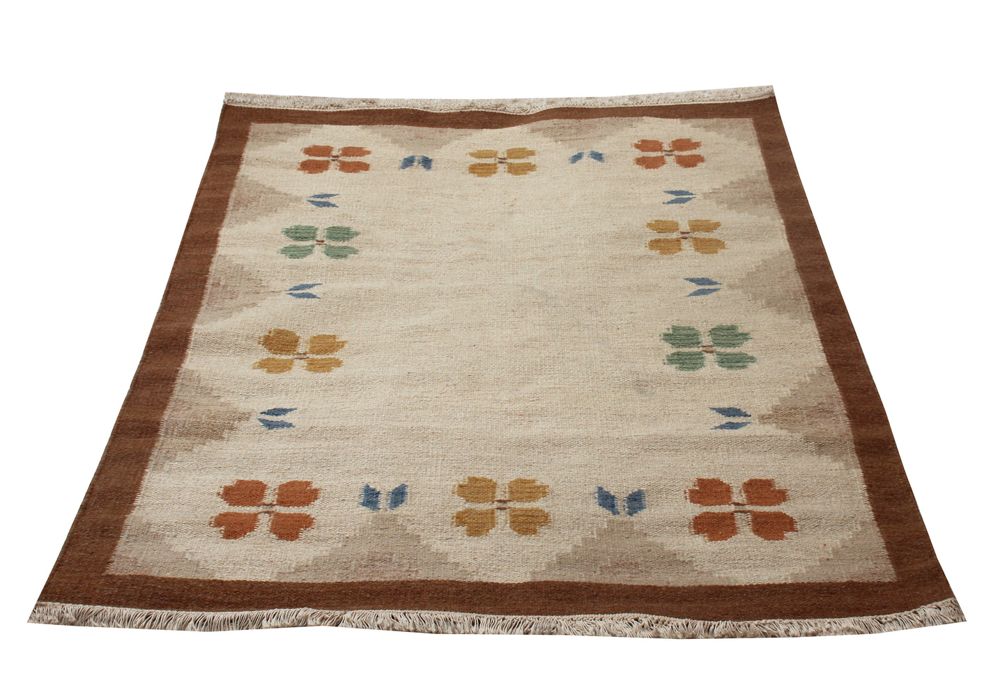 4.6x6.6 Handwoven Beige, Tan & Brown Geometrical Floral Flatweave Durry Rug.