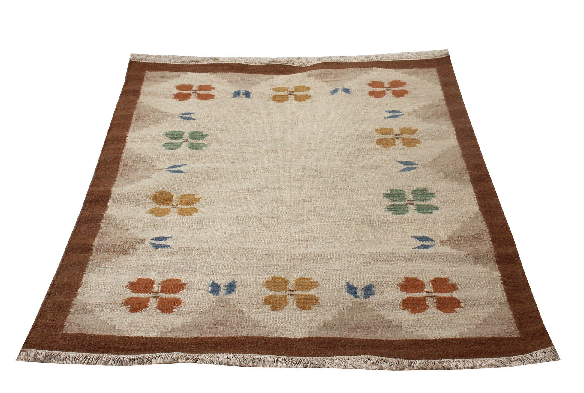 4.6x6.6 Handwoven Beige, Tan & Brown Geometrical Floral Flatweave Durry Rug.