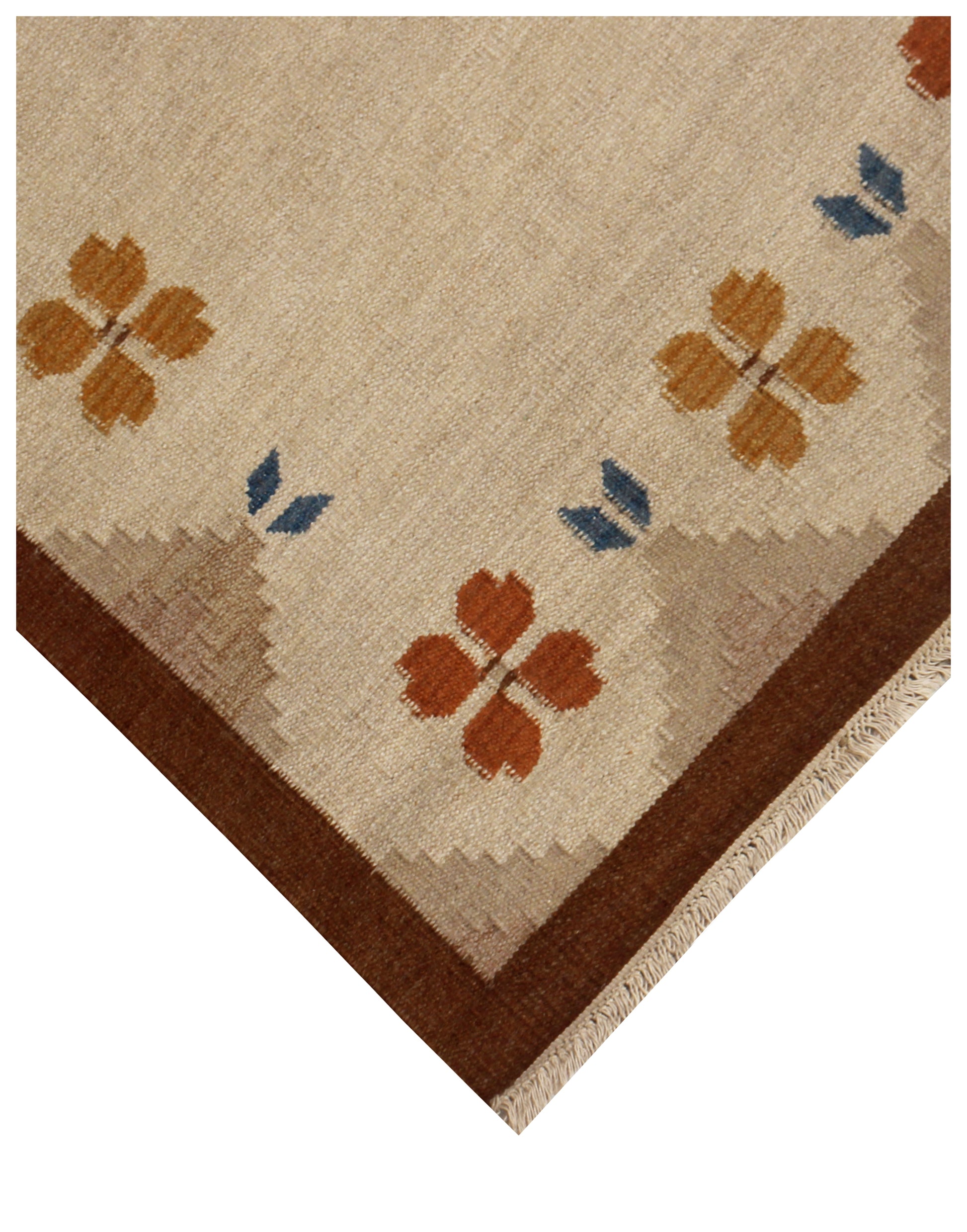 4.6x6.6 Handwoven Beige, Tan & Brown Geometrical Floral Flatweave Durry Rug.
