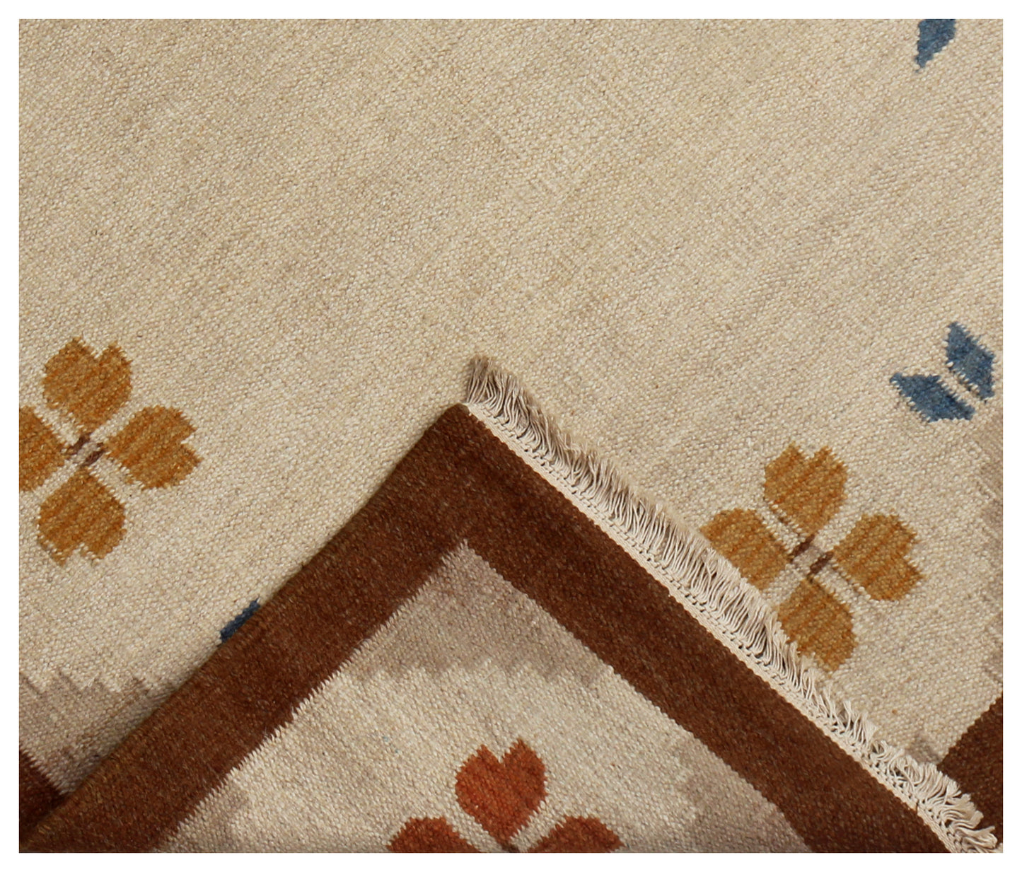 4.6x6.6 Handwoven Beige, Tan & Brown Geometrical Floral Flatweave Durry Rug.
