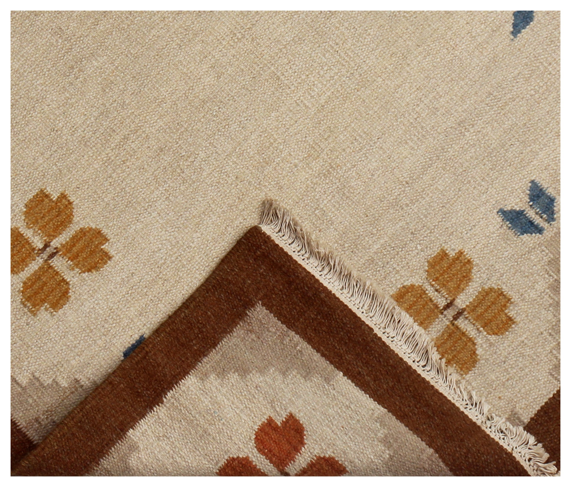 4.6x6.6 Handwoven Beige, Tan & Brown Geometrical Floral Flatweave Durry Rug.