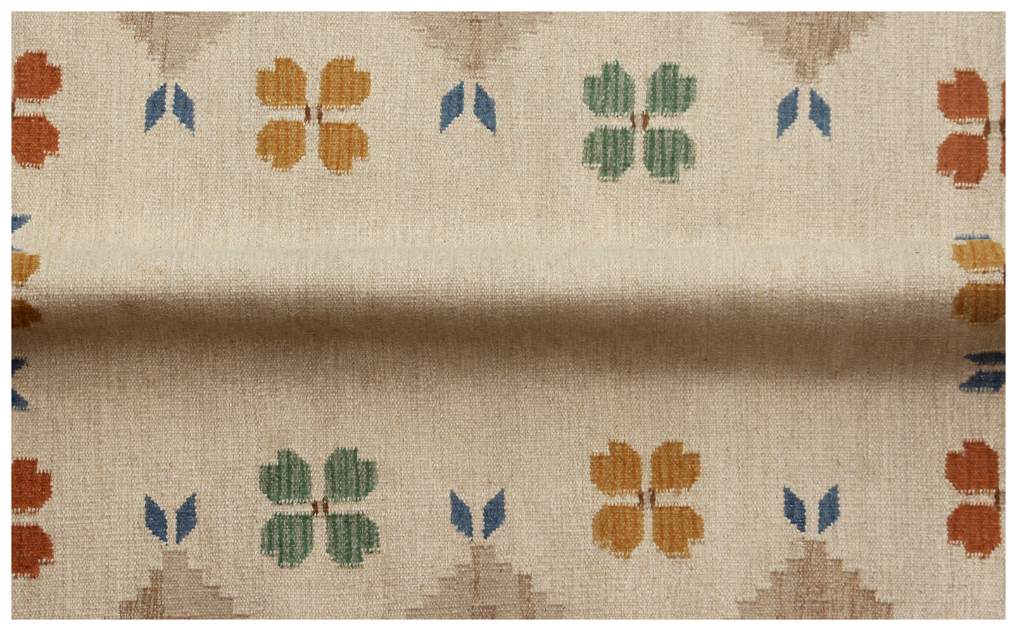4.6x6.6 Handwoven Beige, Tan & Brown Geometrical Floral Flatweave Durry Rug.