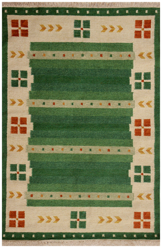 Modern Geometrical 4.6x6.6 Handwoven Green & Beige Stripes Flatweave Durry Rug