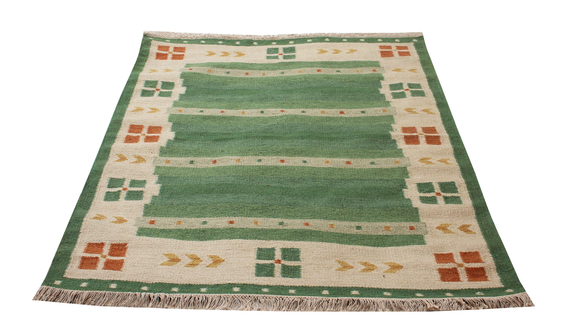 Modern Geometrical 4.6x6.6 Handwoven Green & Beige Stripes Flatweave Durry Rug.