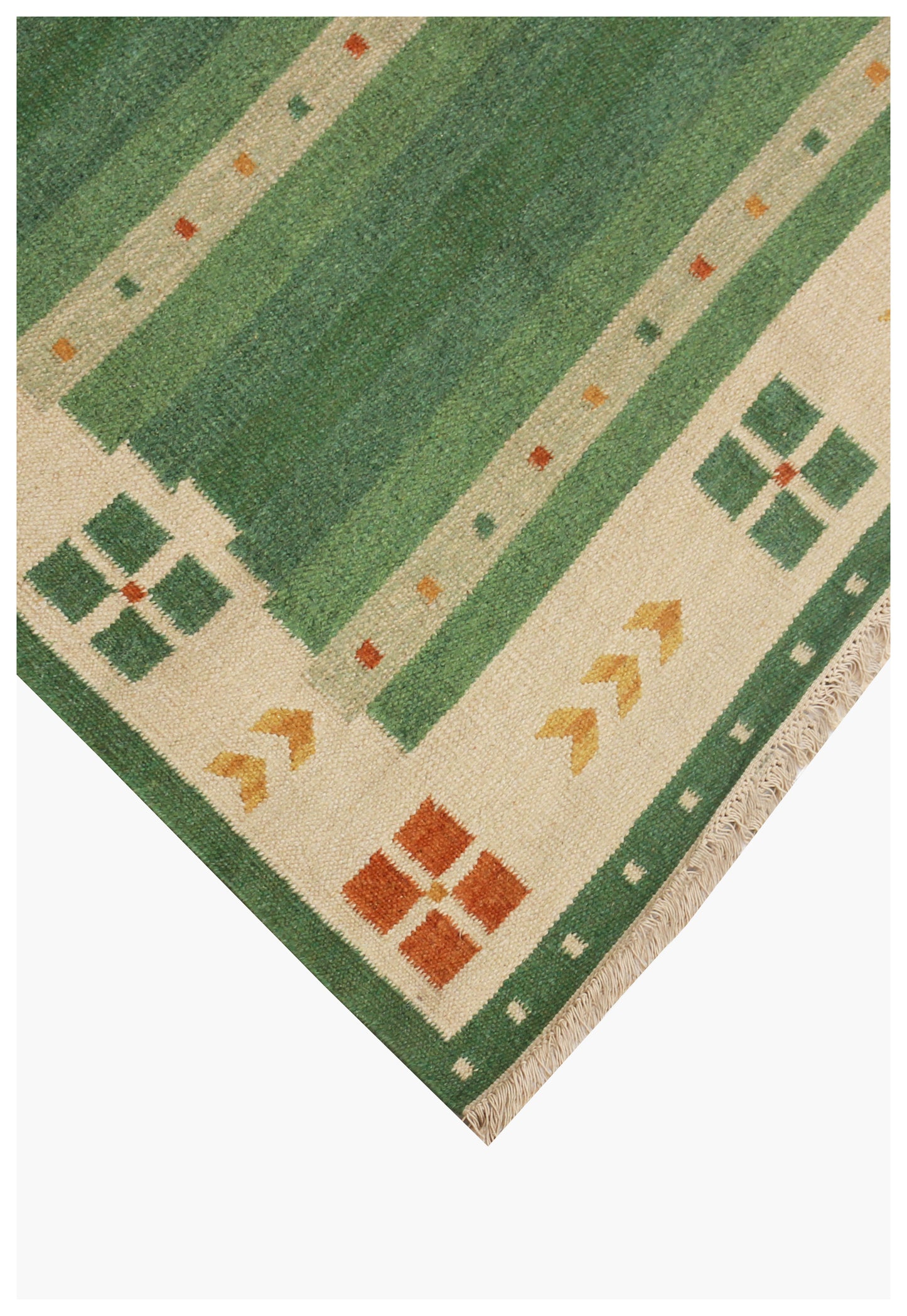 Modern Geometrical 4.6x6.6 Handwoven Green & Beige Stripes Flatweave Durry Rug.