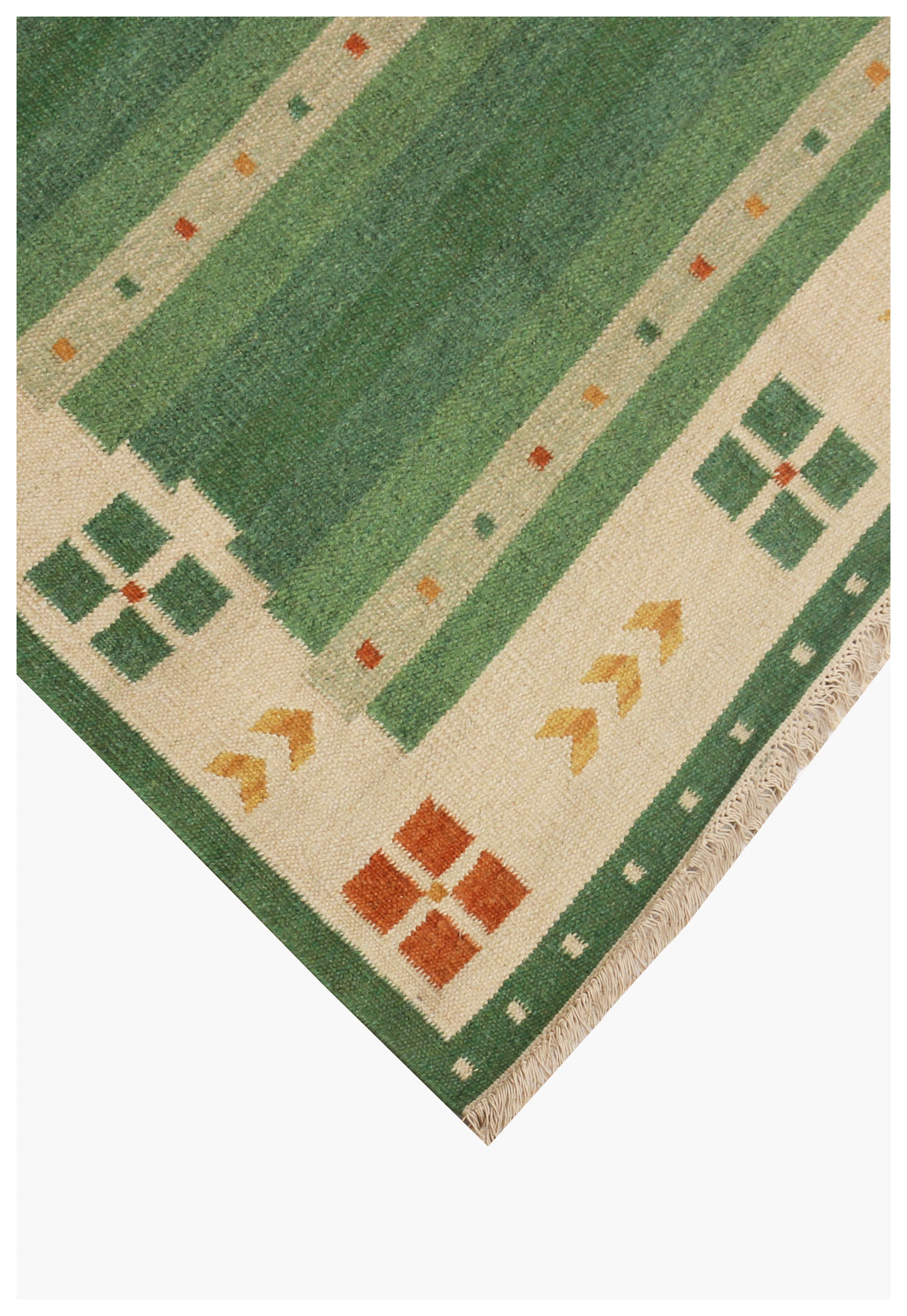 Modern Geometrical 4.6x6.6 Handwoven Green & Beige Stripes Flatweave Durry Rug.