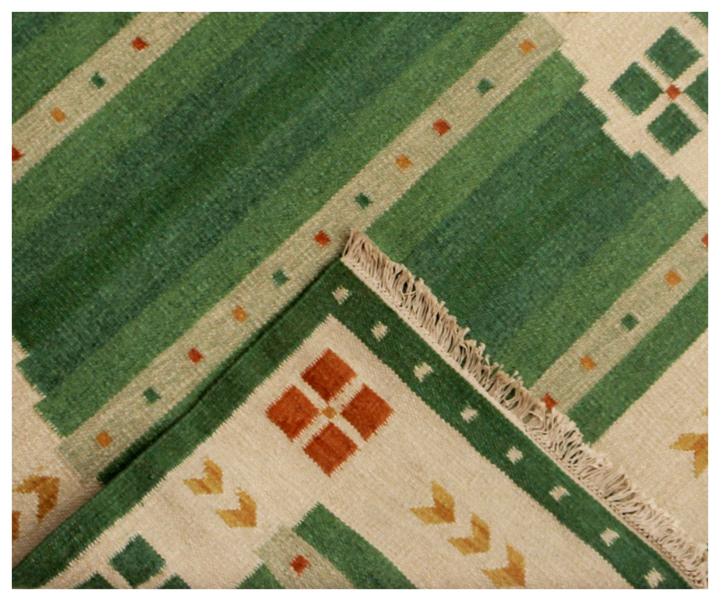 Modern Geometrical 4.6x6.6 Handwoven Green & Beige Stripes Flatweave Durry Rug.