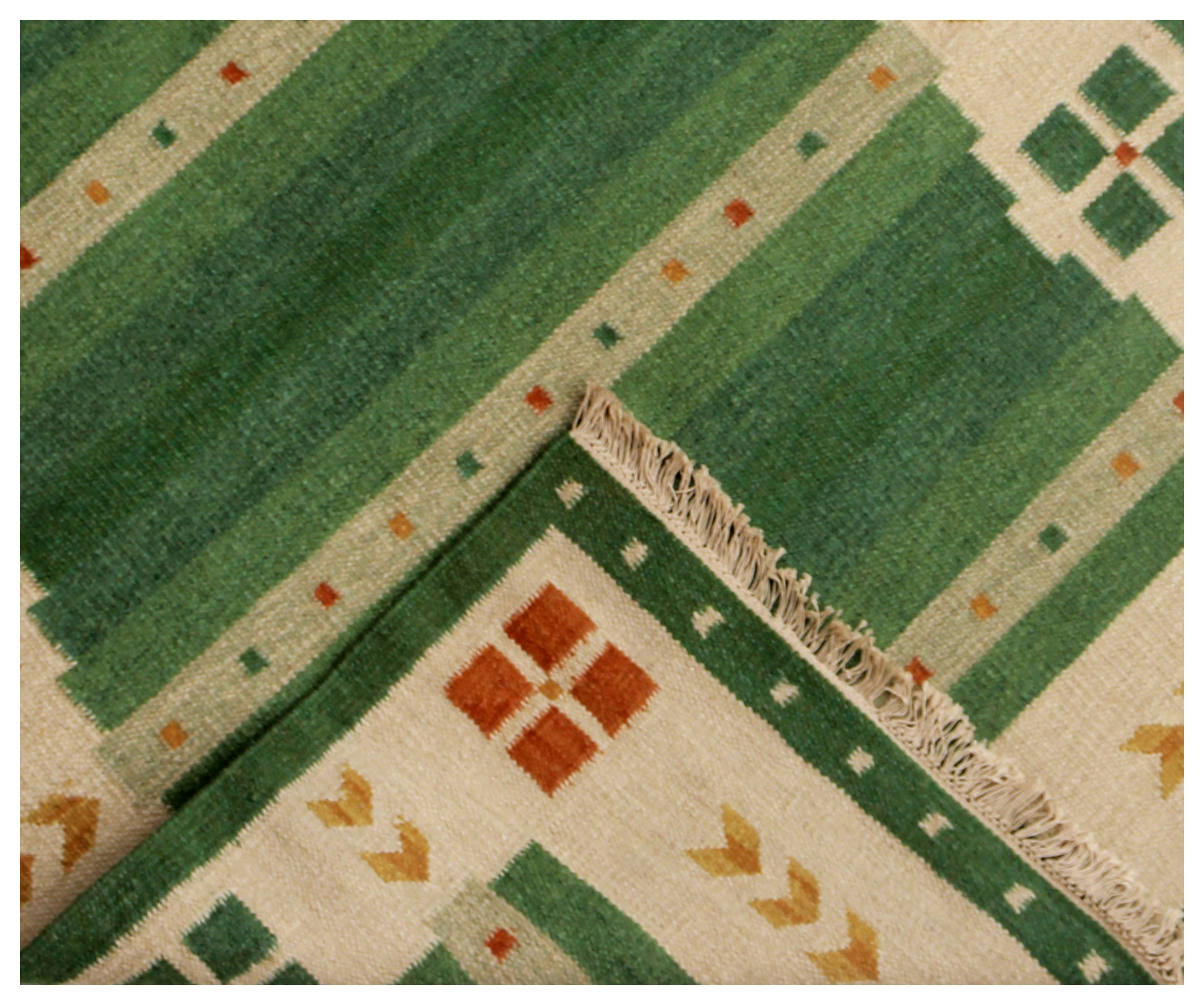 Modern Geometrical 4.6x6.6 Handwoven Green & Beige Stripes Flatweave Durry Rug.
