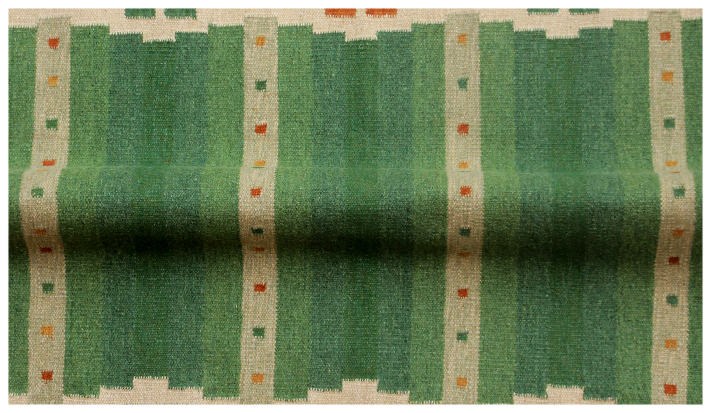 Modern Geometrical 4.6x6.6 Handwoven Green & Beige Stripes Flatweave Durry Rug.