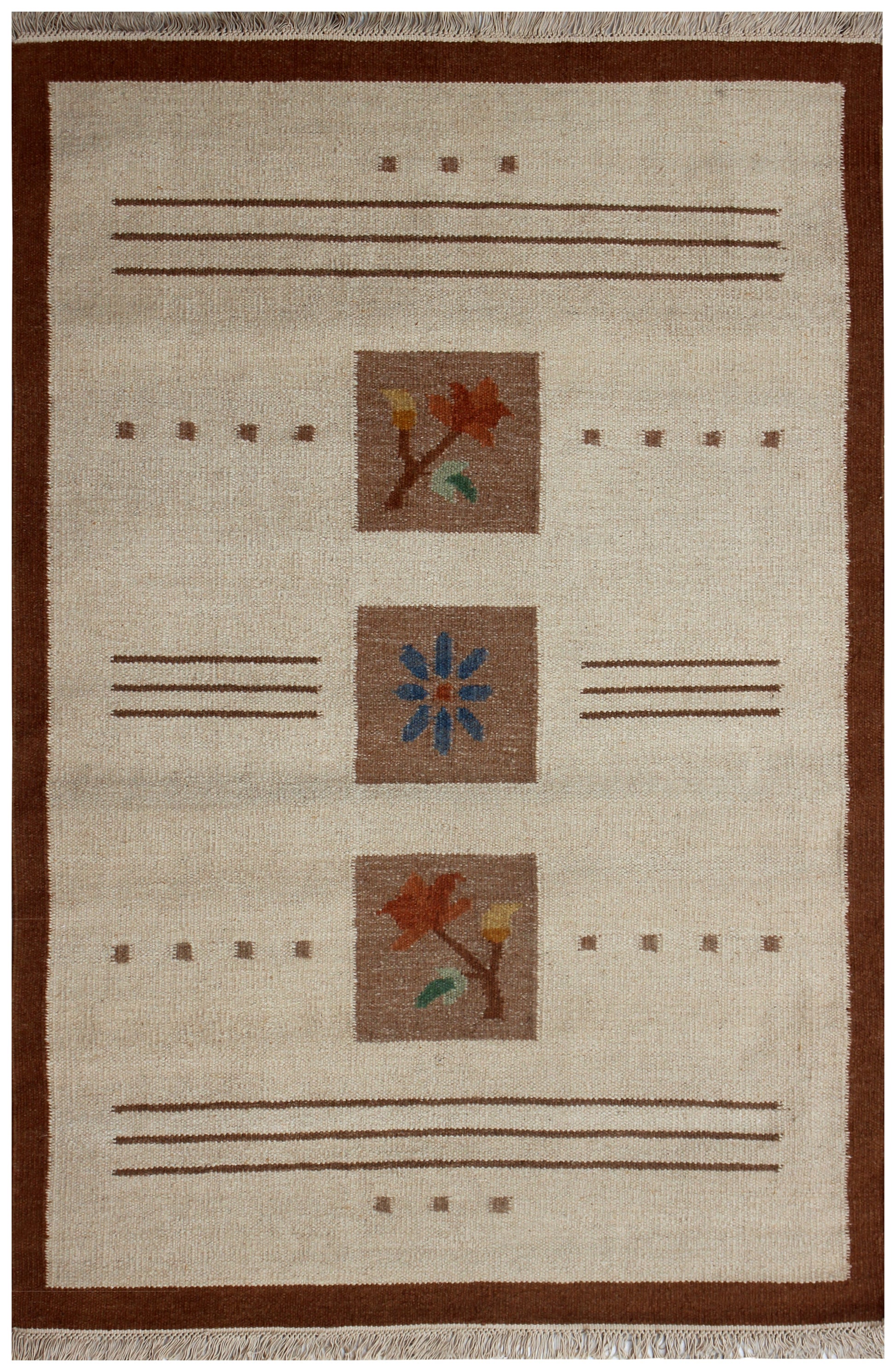 Handwoven Modern Geometrical Floral Block 4.6x6.6 Beige & Tan Flatweave Durry Rug.