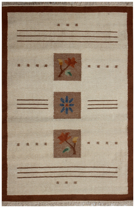 Handwoven Modern Geometrical Floral Block 4.6x6.6 Beige & Tan Flatweave Durry Rug