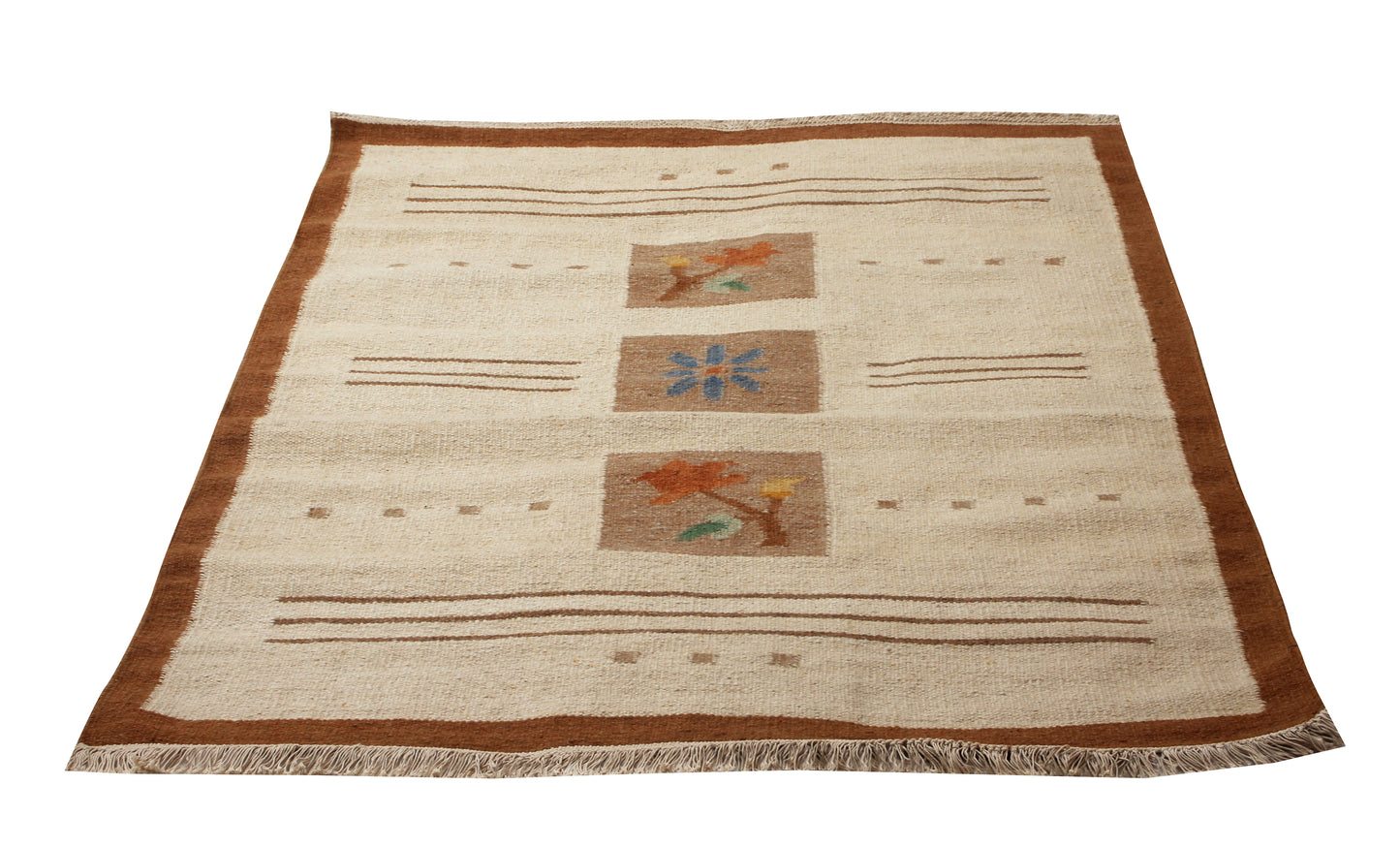 Handwoven Modern Geometrical Floral Block 4.6x6.6 Beige & Tan Flatweave Durry Rug.