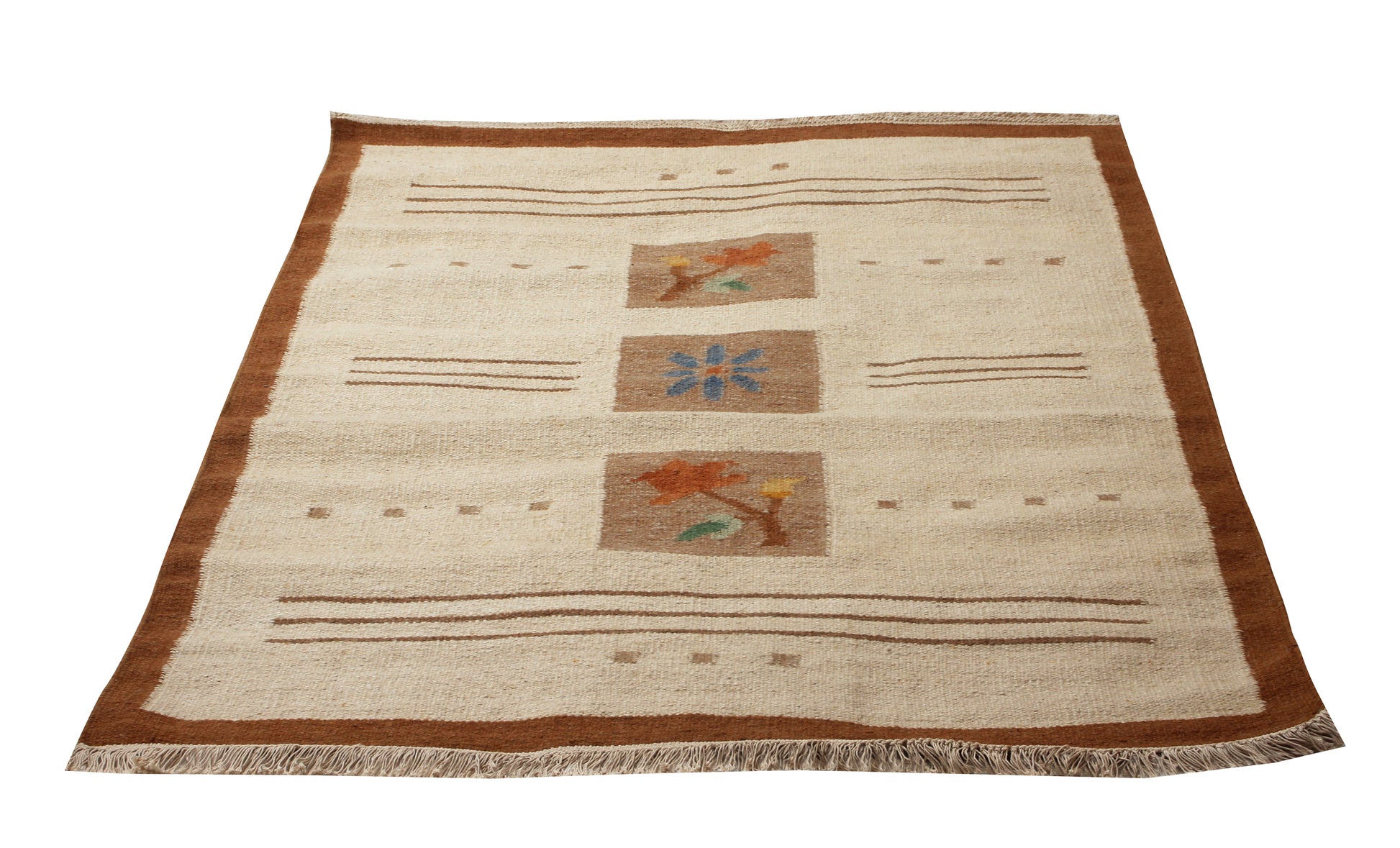 Handwoven Modern Geometrical Floral Block 4.6x6.6 Beige & Tan Flatweave Durry Rug.