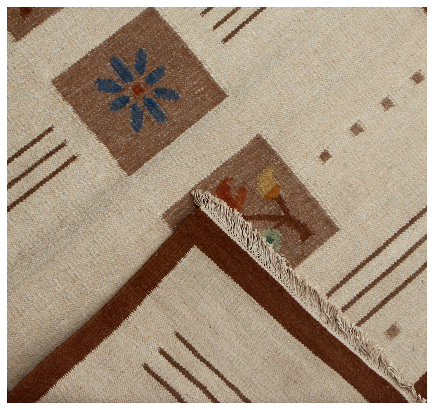 Handwoven Modern Geometrical Floral Block 4.6x6.6 Beige & Tan Flatweave Durry Rug.