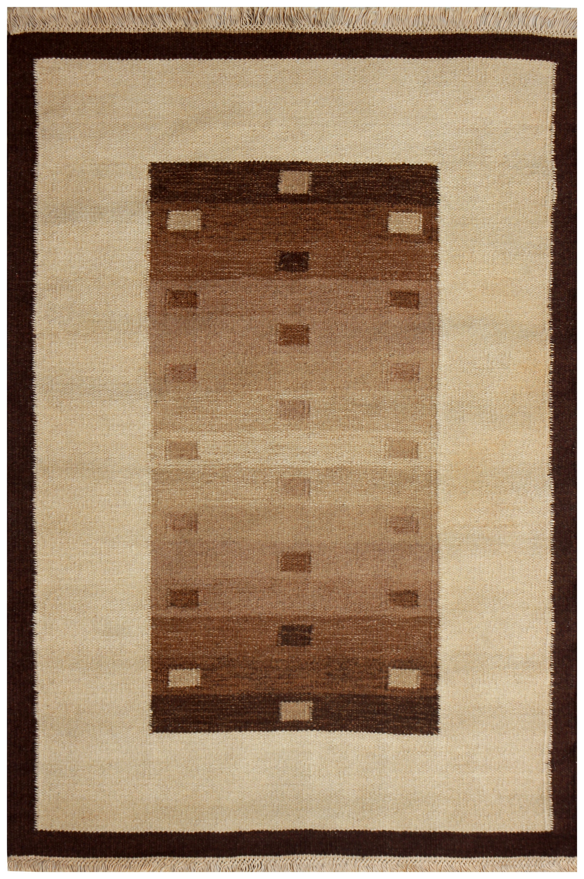 Handwoven Beige & Brown 4x6 Modern Stripes Design Flatweave Durry Rug.