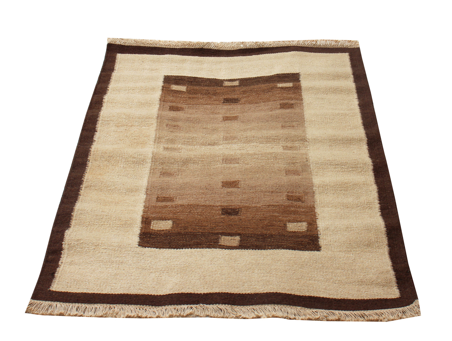 Handwoven Beige & Brown 4x6 Modern Stripes Design Flatweave Durry Rug.