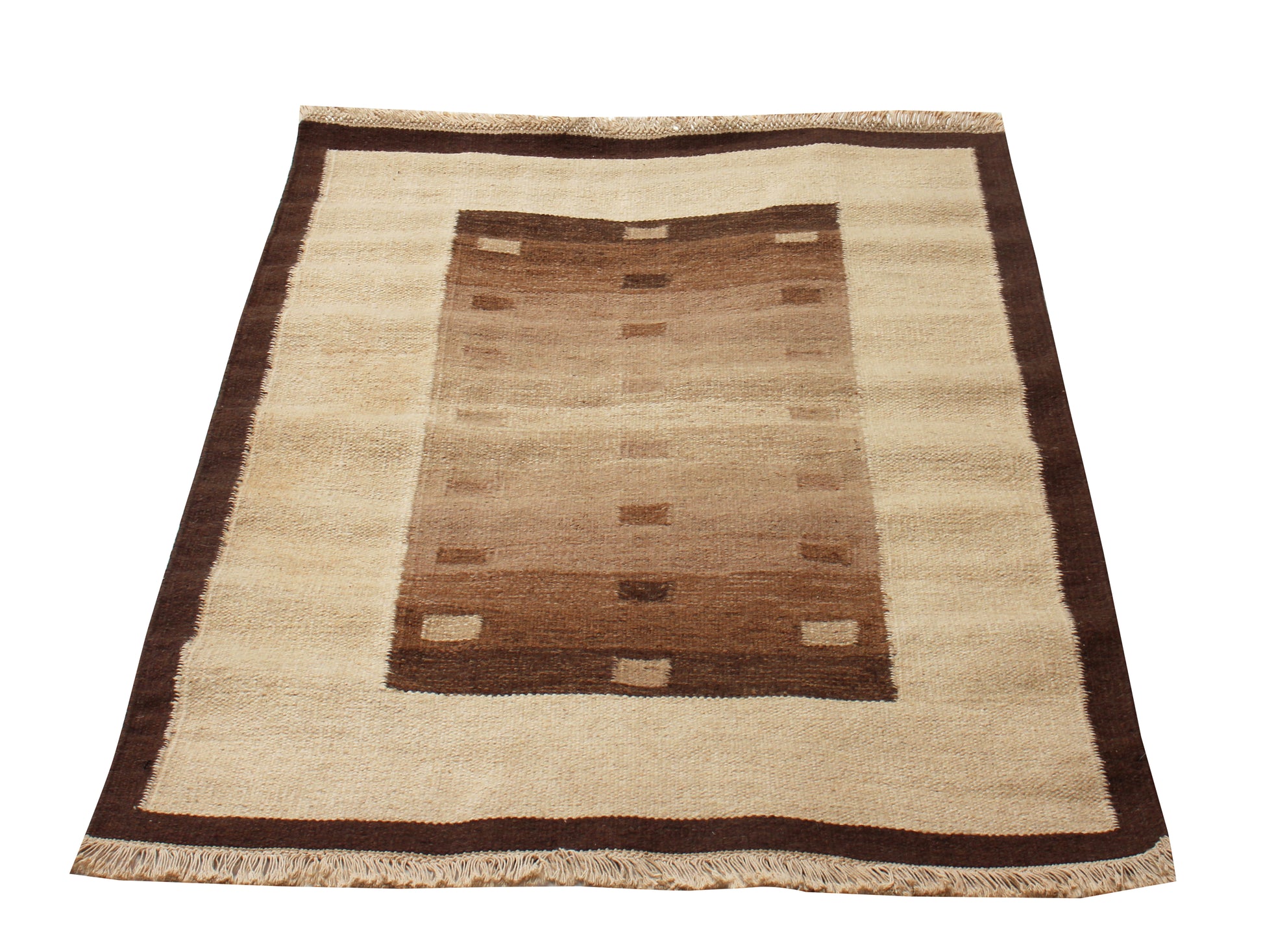 Handwoven Beige & Brown 4x6 Modern Stripes Design Flatweave Durry Rug.