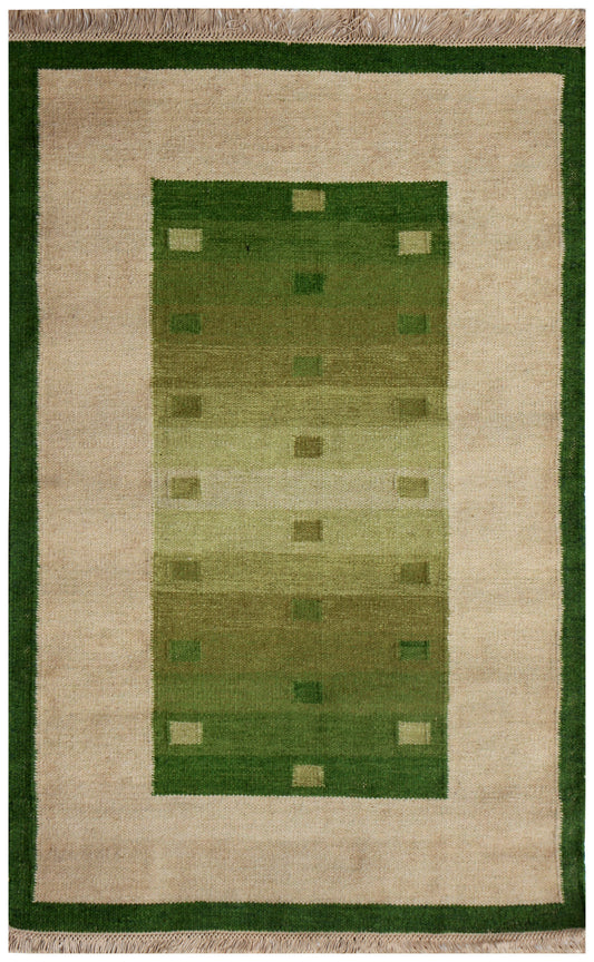 Handwoven Beige & Green 4x6 Modern Stripes Design Flatweave Durry Rug