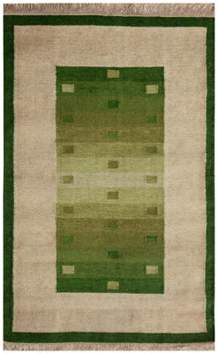 Hand Woven Wool Flatweave Rug - Green Gradient Border Area Rug 3.11x5.10 Feet