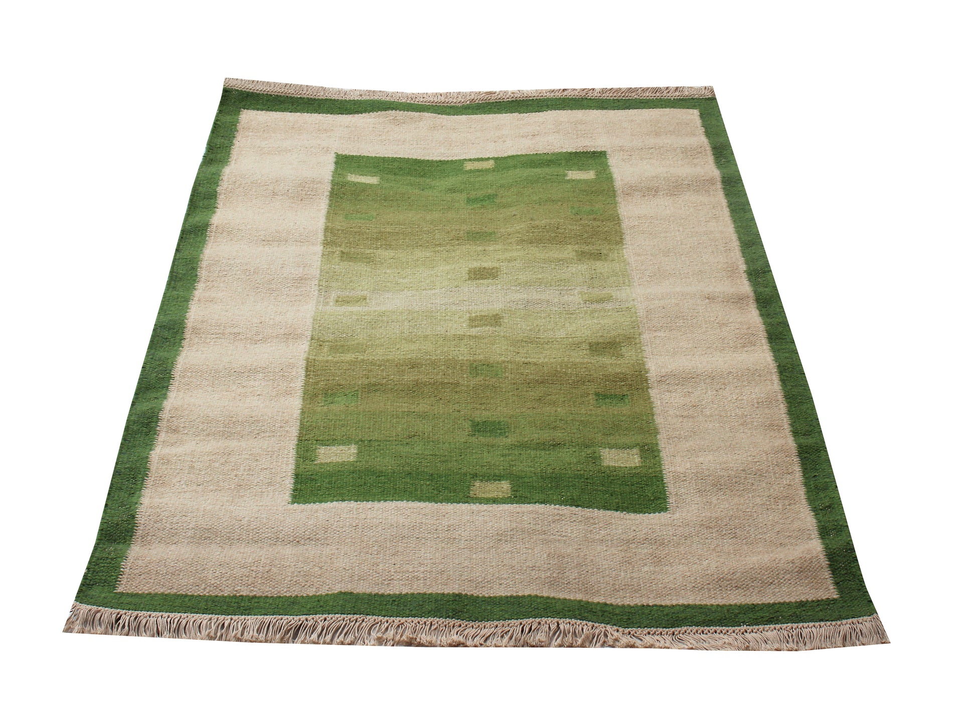 Handwoven Beige & Green 4x6 Modern Stripes Design Flatweave Durry Rug.