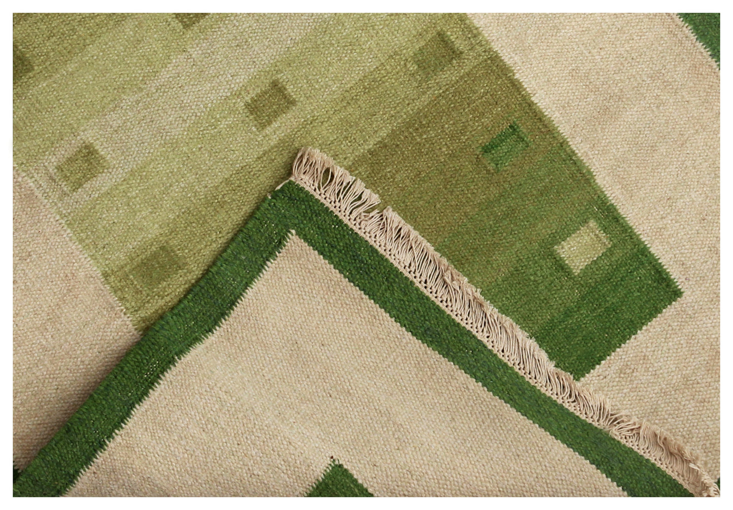 Handwoven Beige & Green 4x6 Modern Stripes Design Flatweave Durry Rug.