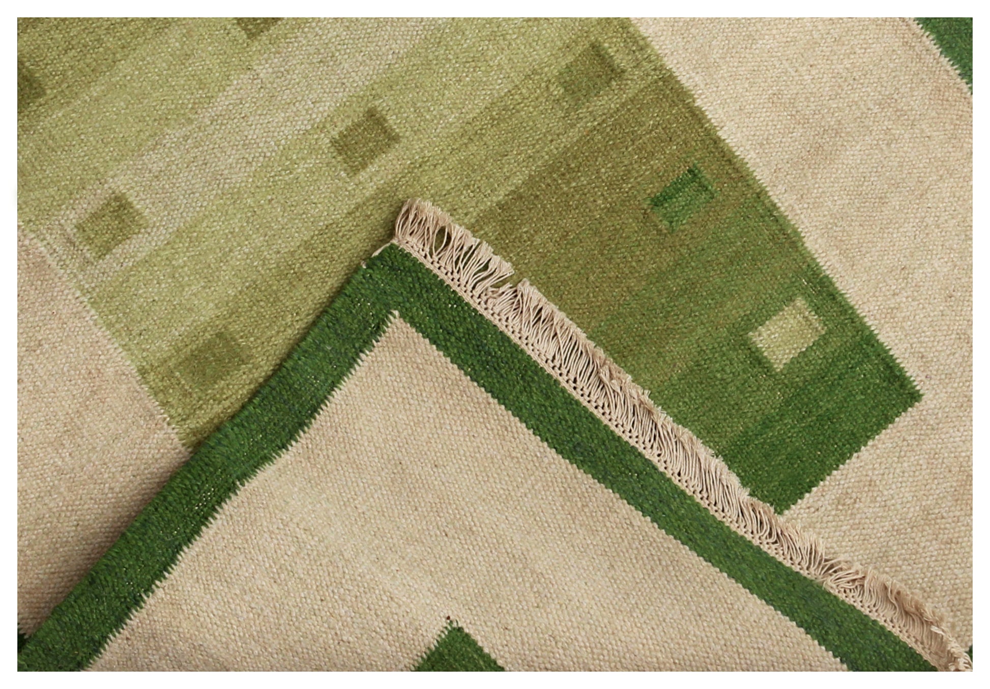 Handwoven Beige & Green 4x6 Modern Stripes Design Flatweave Durry Rug.
