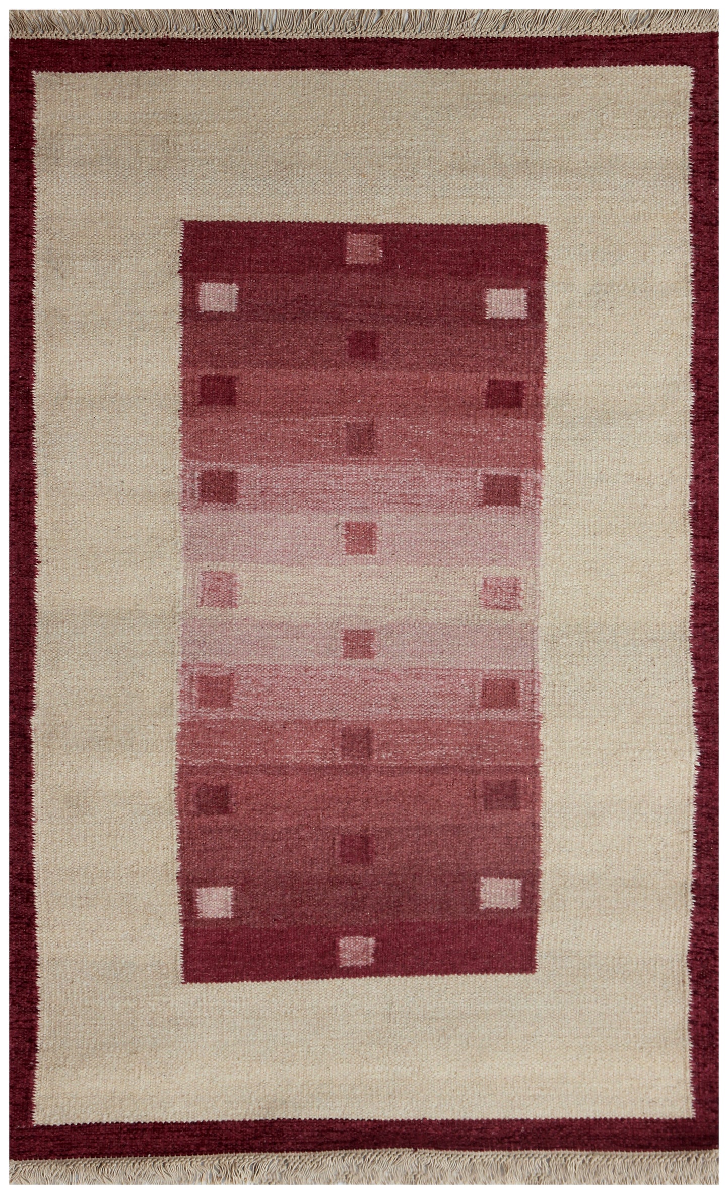 Handwoven Beige and Maroon 4x6 Modern Stripes design Flatweave Durry Rug.