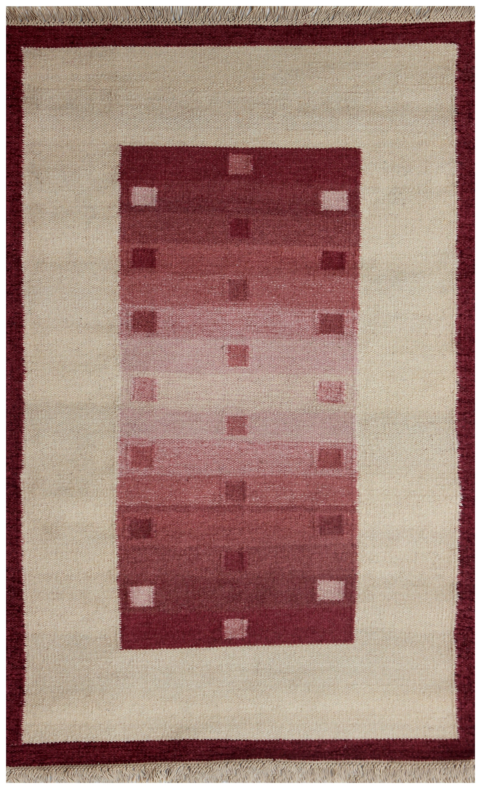 Handwoven Beige and Maroon 4x6 Modern Stripes design Flatweave Durry Rug.