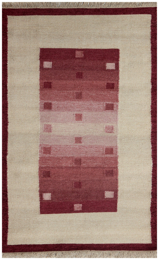 Handwoven Beige and Maroon 4x6 Modern Stripes design Flatweave Durry Rug