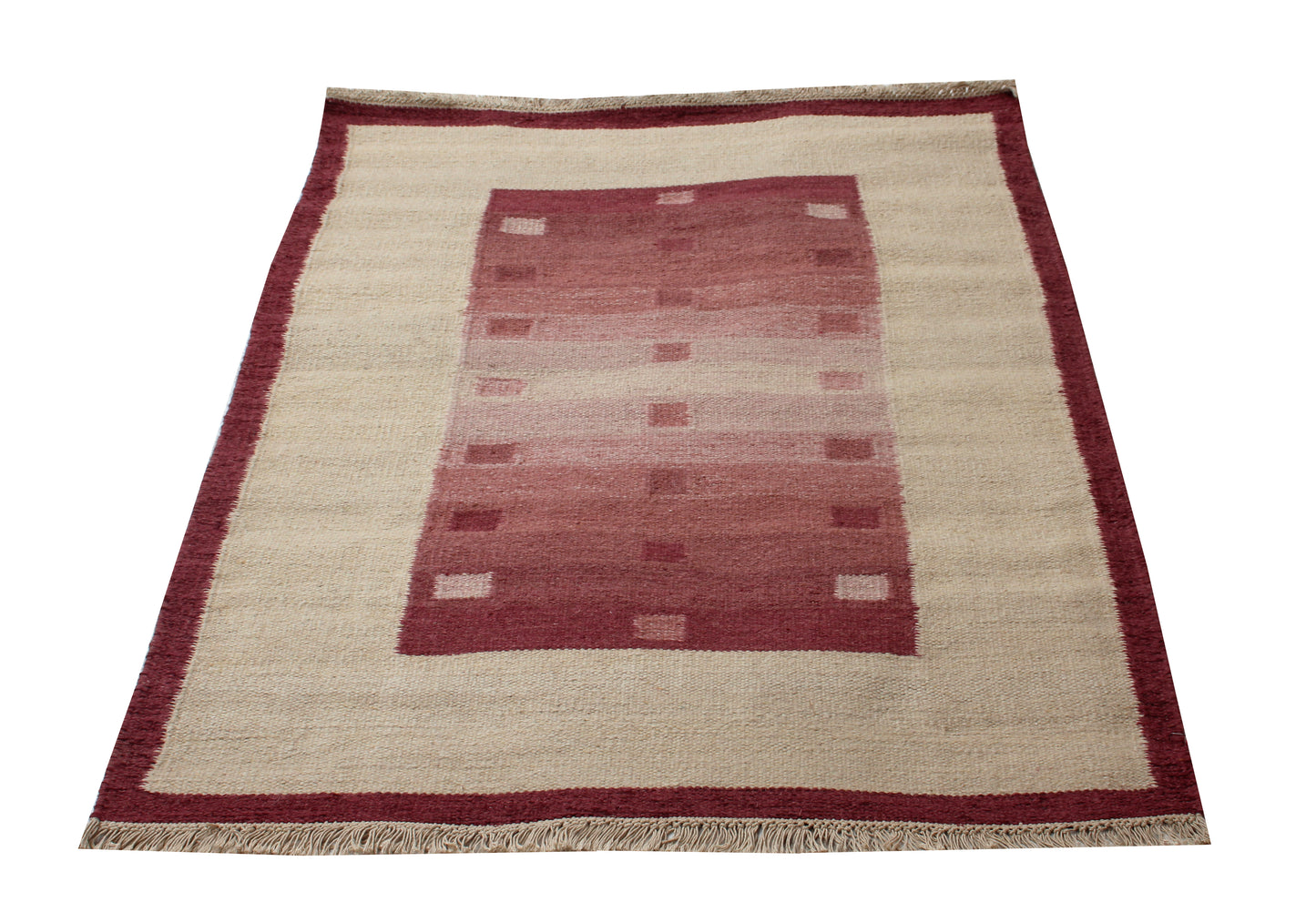 Handwoven Beige and Maroon 4x6 Modern Stripes design Flatweave Durry Rug.