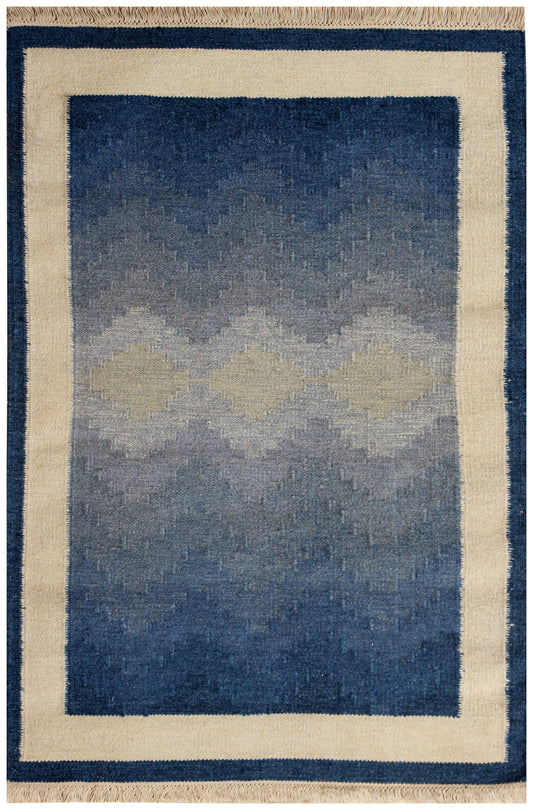 4x6 Modern Chevron Design Beige & Blue Handwoven Flatweave Wool Durry Rug – Durable Handmade Carpet for Living Room & Bedroom
