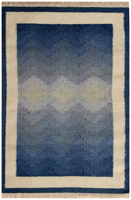 Hand Woven Wool Flatweave Rug - Blue Gradient Border Rug 4x5.10 Feet