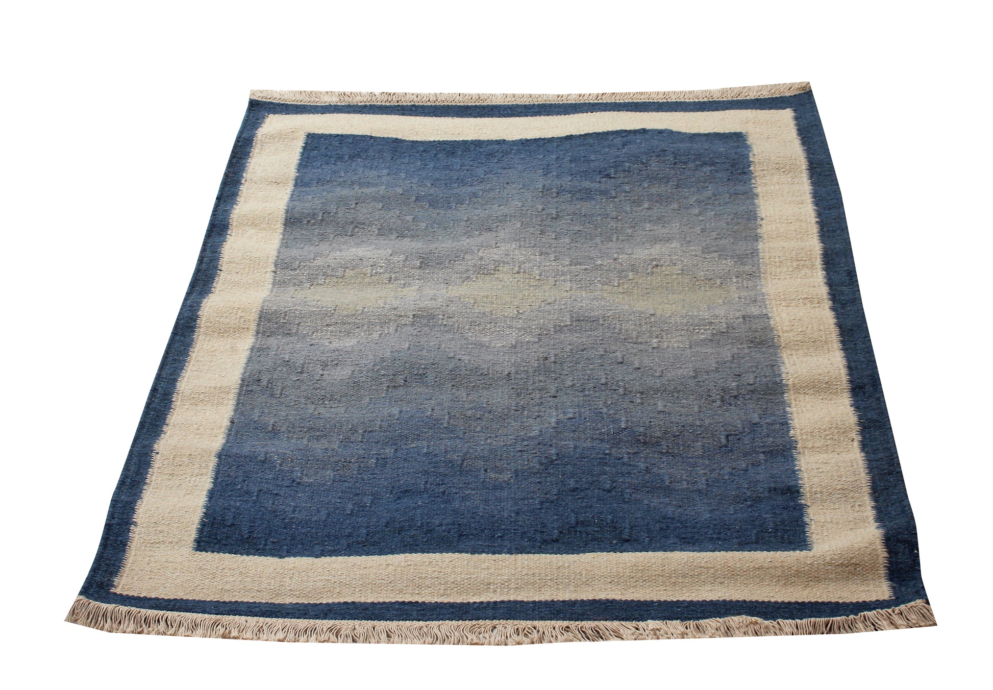 4x6 Modern Chevron Design Beige & Blue Handwoven Flatweave Wool Durry Rug – Durable Handmade Carpet for Living Room & Bedroom.